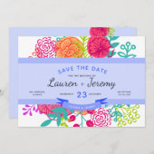 ウェディング日付の青いモダンリボンフローラを保存 セーブザデート (正面/裏面)