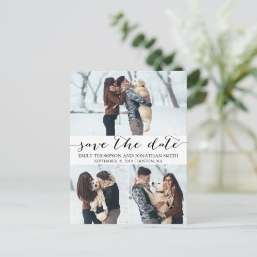 ウェディング日付はがきを3つの写真で保存 ポストカード (スタンド正面)