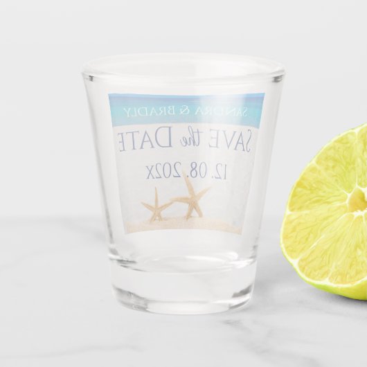 ウェディング日付を保存し、海ビーチ ショットグラス (裏面)