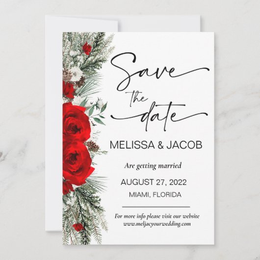 ウェディング日付を保存する冬の赤いバラのヴィンテージ 招待状 (正面)