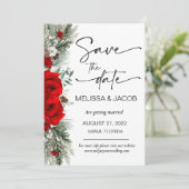 ウェディング日付を保存する冬の赤いバラのヴィンテージ 招待状 (スタンド正面)