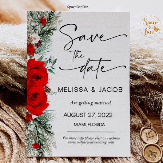 ウェディング日付を保存する冬の赤いバラのヴィンテージ 招待状
