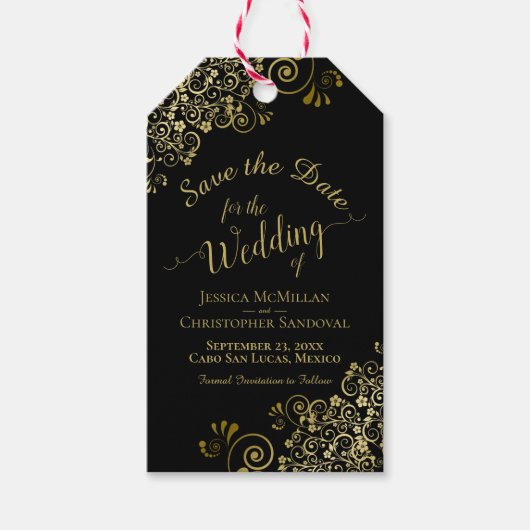 ウェディング日付を保存する鉛筆で私たち金ゴールドで黒 ギフトタグ (正面)