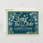 ウェディング日付を保存シックな青い金ゴールド花ライト 案内ポストカード (正面/裏面)