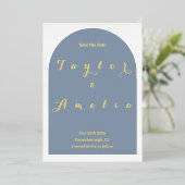 ウェディング日付を保存シンプルするダスティブルーアー実在チ 箔招待状 (立ち正面)