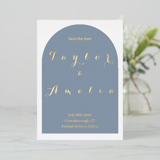 ウェディング日付を保存シンプルするダスティブルーアー実在チ 箔招待状 (立ち正面)