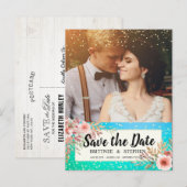 ウェディング日付を保存フォトフローラティール(緑がかった色)金ゴールドドット 案内ポストカード (正面/裏面)