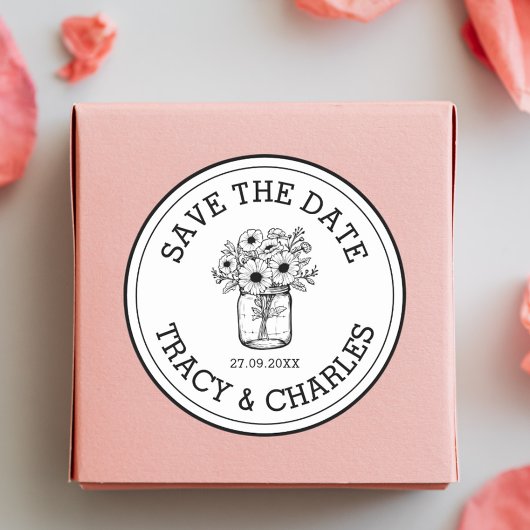 ウェディング日付を保存メイソンの瓶の花のカスタム ラウンドシール