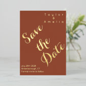 ウェディング日付を保存モダンテラコッタ実在金ゴールド 箔招待状 (立ち正面)