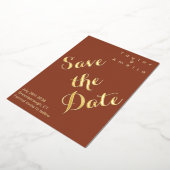 ウェディング日付を保存モダンテラコッタ実在金ゴールド 箔招待状 (回転した状態)