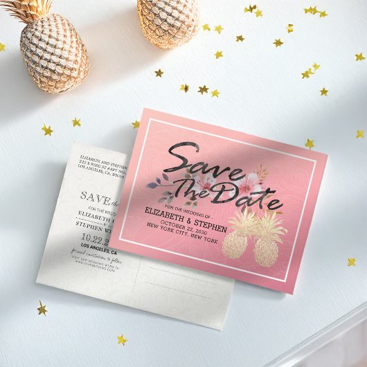 ウェディング日付を保存モダン金ゴールドパイナップルカップル 案内ポストカード
