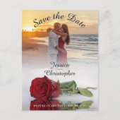 ウェディング日付を保存レッドローズフォトオーバーレイブラック 案内ポストカード (正面)