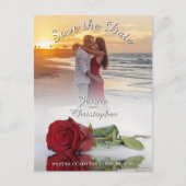 ウェディング日付を保存レッドローズフォトオーバーレイホワイト 案内ポストカード (正面)