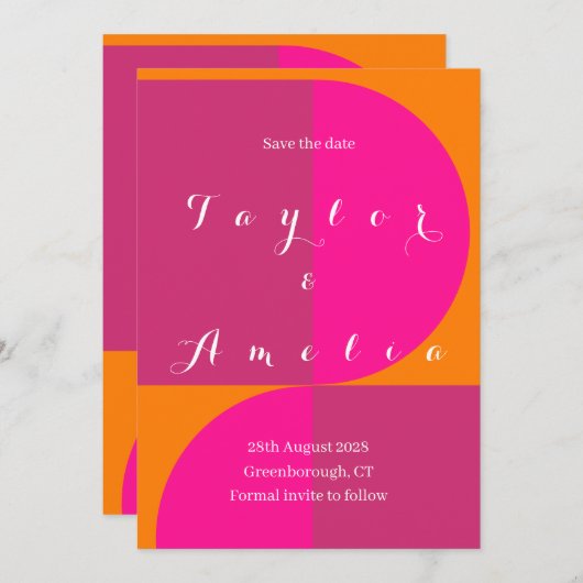 ウェディング日付を保存レトロ抽象芸術ピンクオレンジ セーブザデート (正面/裏面)
