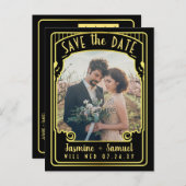 ウェディング日付を保存ヴィンテージ黒アールデコ写真 案内ポストカード (正面/裏面)