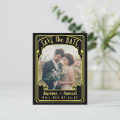 ウェディング日付を保存ヴィンテージ黒アールデコ写真 案内ポストカード (スタンド正面)