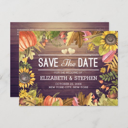 ウェディング日付を保存紅葉パンプキンス木材 案内ポストカード (正面/裏面)