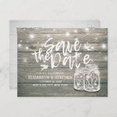 ウェディング日付を保存素朴ウッドメイソンのジャールライト 案内ポストカード (正面/裏面)