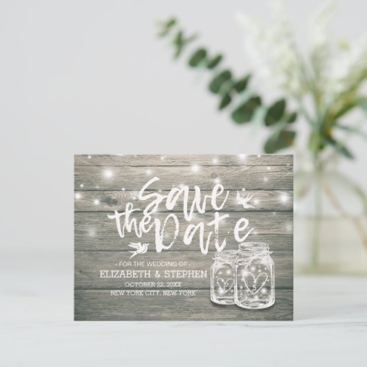 ウェディング日付を保存素朴ウッドメイソンのジャールライト 案内ポストカード (スタンド正面)
