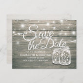 ウェディング日付を保存素朴ウッドメイソンのジャールライト 案内ポストカード (正面/裏面)