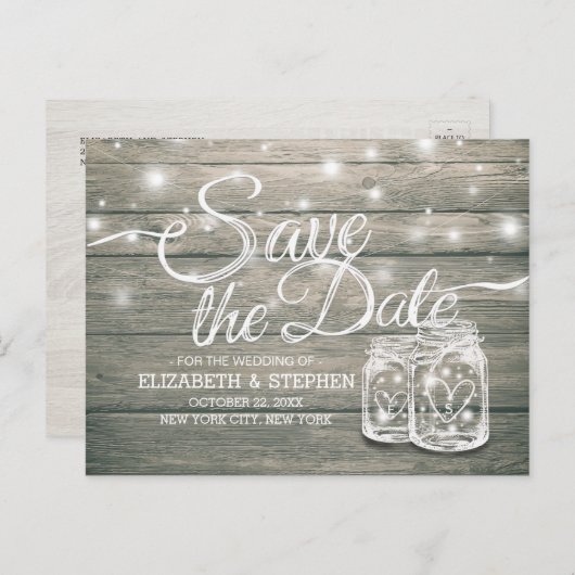 ウェディング日付を保存素朴ウッドメイソンのジャールライト 案内ポストカード (正面/裏面)