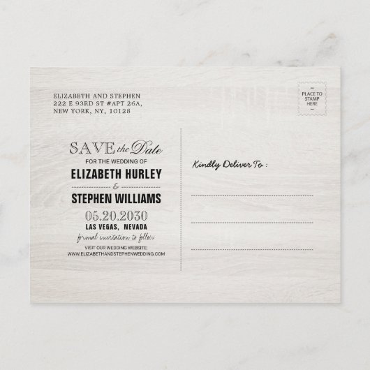 ウェディング日付を保存素朴ウッドメイソンのジャールライト 案内ポストカード (裏面)