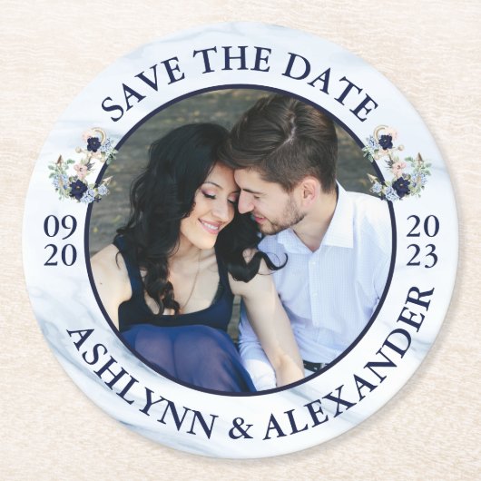 ウェディング日付を保存航海のいかりフローラ写真 ラウンドペーパーコースター (正面)