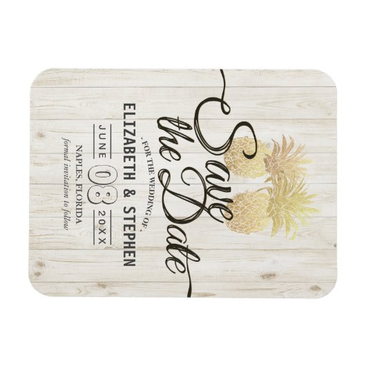 ウェディング日付を保存金ゴールドパイナップル素朴ウッド マグネット (横)