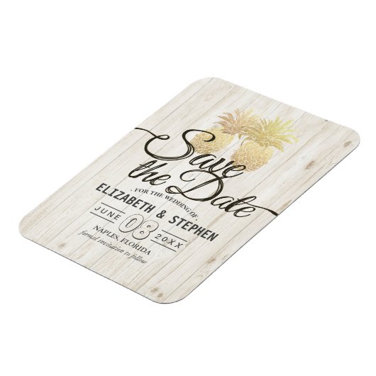 ウェディング日付を保存金ゴールドパイナップル素朴ウッド マグネット (左側)