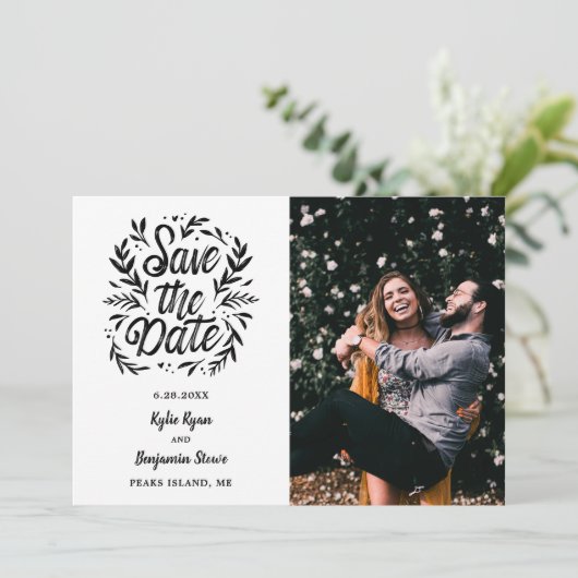 ウェディング日付を保存2写真植物学タイポグラフィ 招待状 (スタンド正面)