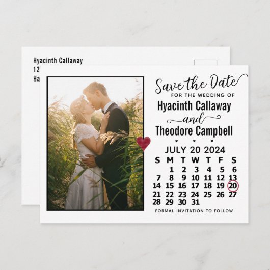 ウェディング日付を保存2024年7月カレンダー写真 インビテーションポストカード (正面/裏面)