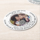 ウェディング日付を保存QRコードと写真の白モダン色 ラウンドペーパーコースター (アングル)