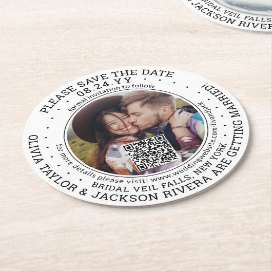 ウェディング日付を保存QRコードと写真の白モダン色 ラウンドペーパーコースター