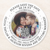 ウェディング日付を保存QRコードと写真の白モダン色 ラウンドペーパーコースター (正面)