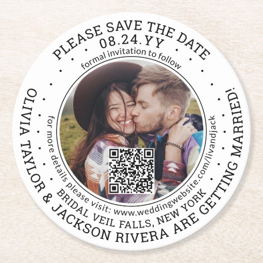 ウェディング日付を保存QRコードと写真の白モダン色 ラウンドペーパーコースター (正面)