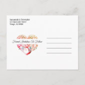 ウェディング日付オレンジブルゴーニュの木のハートを保存 案内ポストカード (裏面)