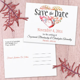 ウェディング日付オレンジブルゴーニュの木のハートを保存 案内ポストカード