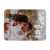 ウェディング日付カードを保存する白い文字写真 マグネット (横)