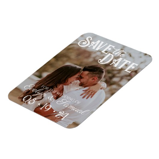 ウェディング日付カードを保存する白い文字写真 マグネット (左側)