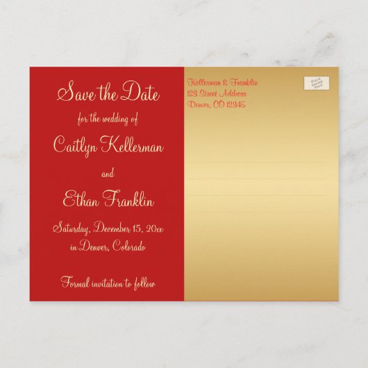 ウェディング日付カードを保存 |赤、金ゴールド雪 案内ポストカード (裏面)