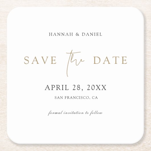 ウェディング日付コースターをスクリプトと共にモダン保存 スクエアペーパーコースター (正面)