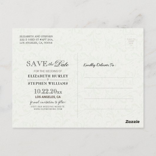 ウェディング日付シックなアジサイの文字列ライトを保存 ポストカード (裏面)