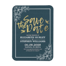 ウェディング日付シックブルー金ゴールドスクリプトフローラ