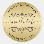 ウェディング日付スクリプトの保存金ゴールド差出人住所 ラウンドシール (正面)