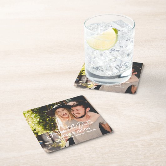 ウェディング日付スクリプトの写真を保存 スクエアペーパーコースター (インサイチュ)