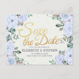 ウェディング日付フローラエレガント金ゴールドスクリプトの保存 案内ポストカード