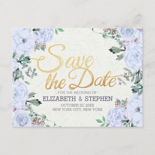 ウェディング日付フローラエレガント金ゴールドスクリプトの保存 案内ポストカード (正面)
