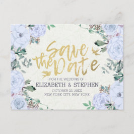 ウェディング日付フローラエレガント金ゴールドスクリプトの保存 案内ポストカード