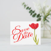 ウェディング日付ポストカードレッドチューリップアートを保存 案内ポストカード (スタンド正面)