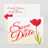 ウェディング日付ポストカードレッドチューリップアートを保存 案内ポストカード (正面/裏面)
